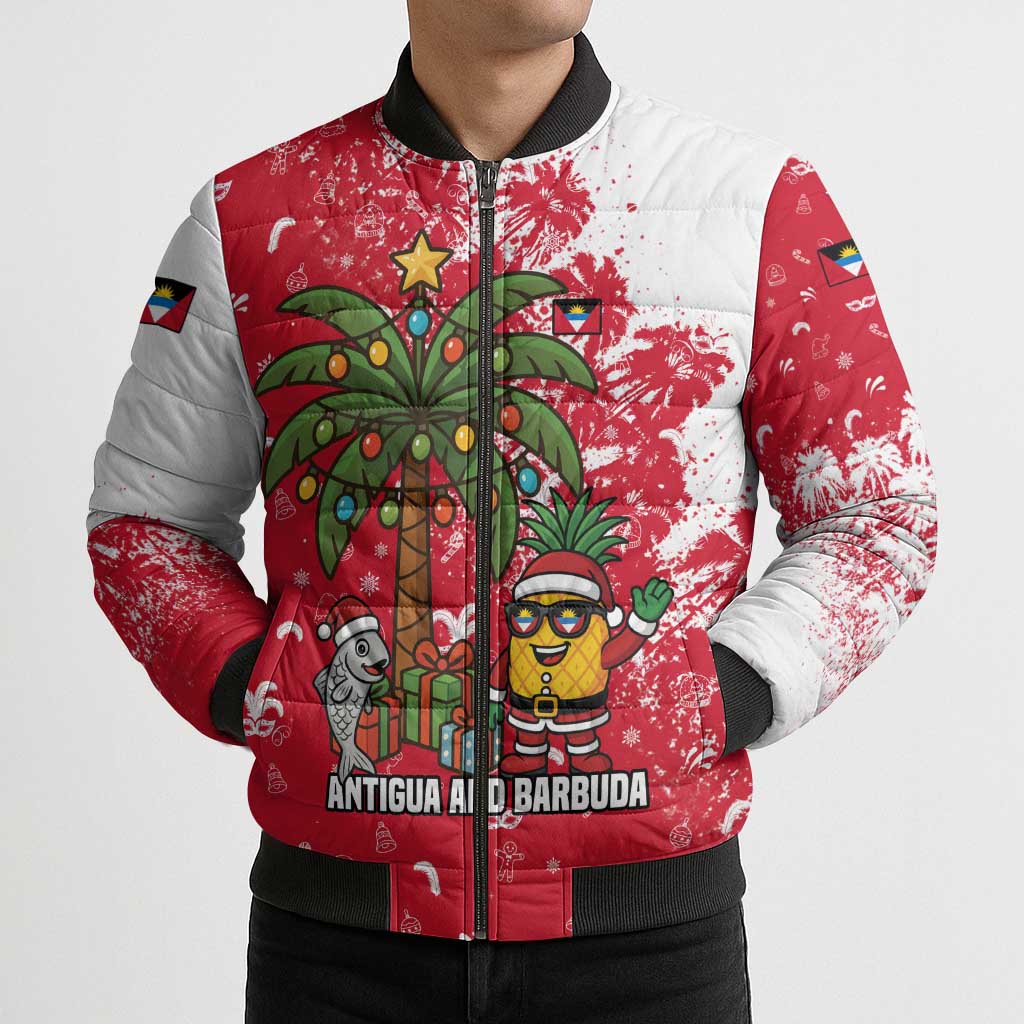 Antigua and Barbuda Christmas Bomber Puffer Jacket with Santa Pineapple Palm Tree Parrot and Gift Design - Wonder Print Shop