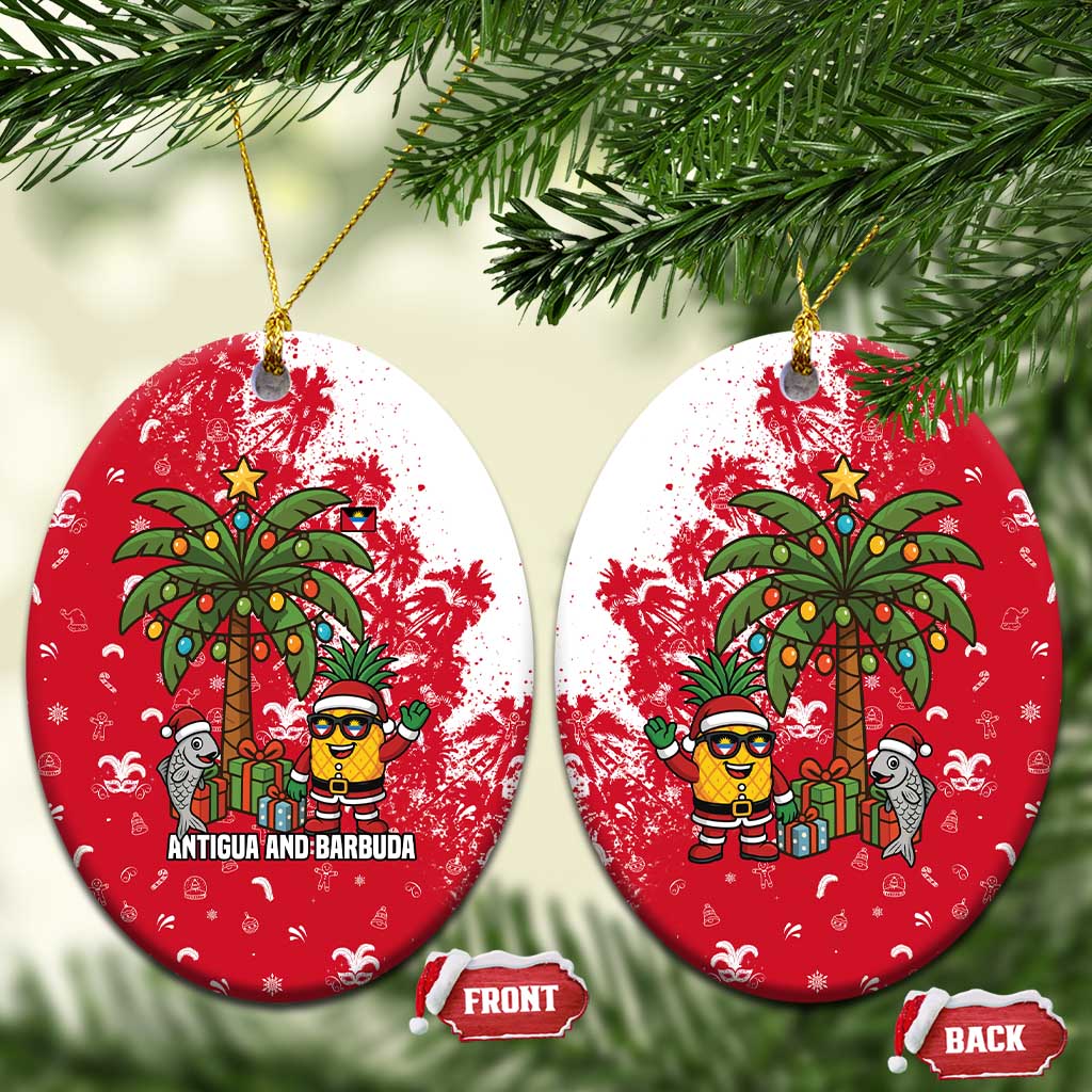 Antigua and Barbuda Christmas Ceramic Ornament with Santa Pineapple Palm Tree Parrot and Gift Design - Wonder Print Shop