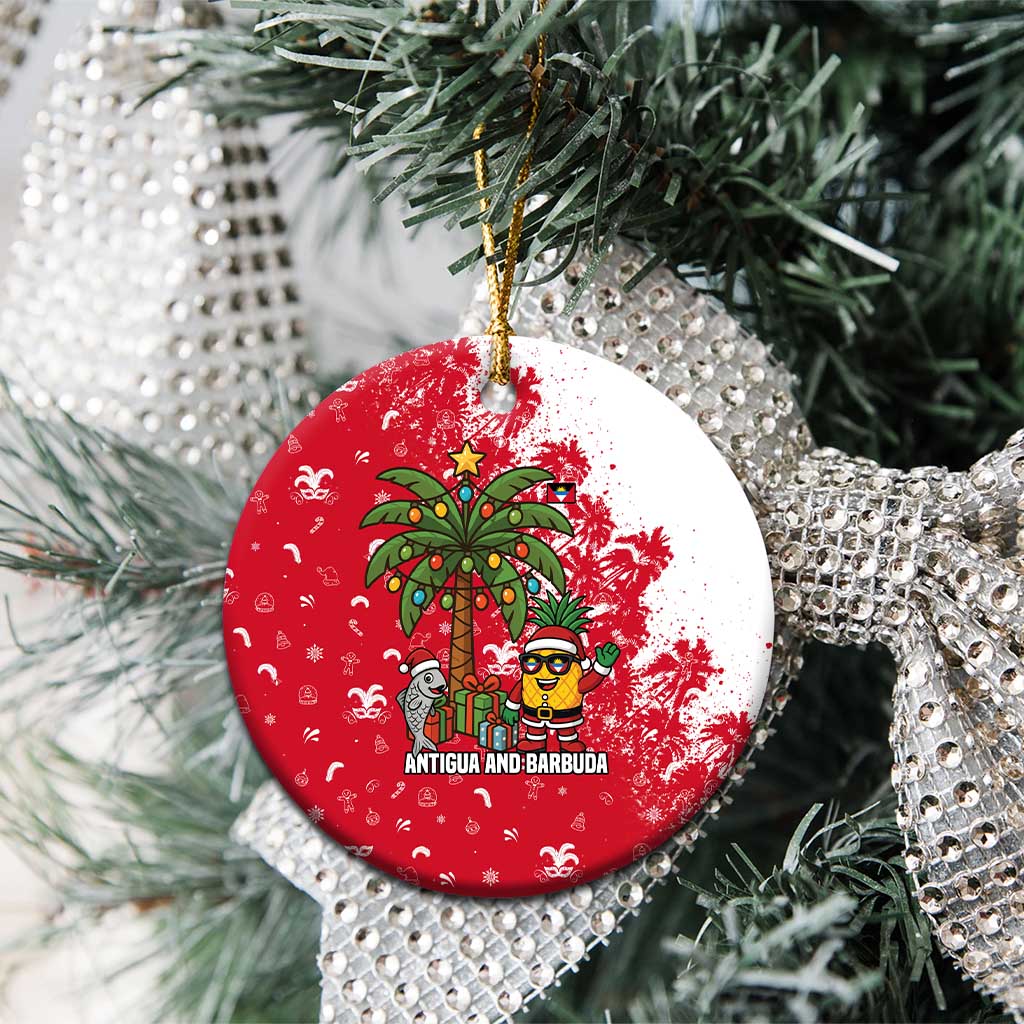Antigua and Barbuda Christmas Ceramic Ornament with Santa Pineapple Palm Tree Parrot and Gift Design - Wonder Print Shop