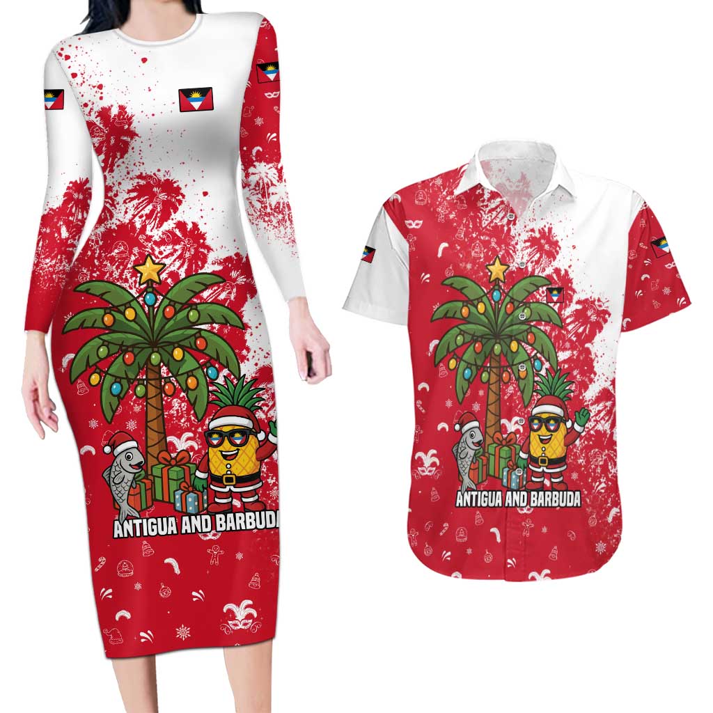 Antigua and Barbuda Christmas Couples Matching Long Sleeve Bodycon Dress and Hawaiian Shirt with Santa Pineapple Palm Tree Parrot and Gift Design - Wonder Print Shop