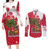 Antigua and Barbuda Christmas Couples Matching Long Sleeve Bodycon Dress and Long Sleeve Button Shirt with Santa Pineapple Palm Tree Parrot and Gift Design - Wonder Print Shop