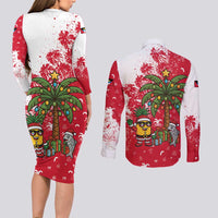 Antigua and Barbuda Christmas Couples Matching Long Sleeve Bodycon Dress and Long Sleeve Button Shirt with Santa Pineapple Palm Tree Parrot and Gift Design - Wonder Print Shop