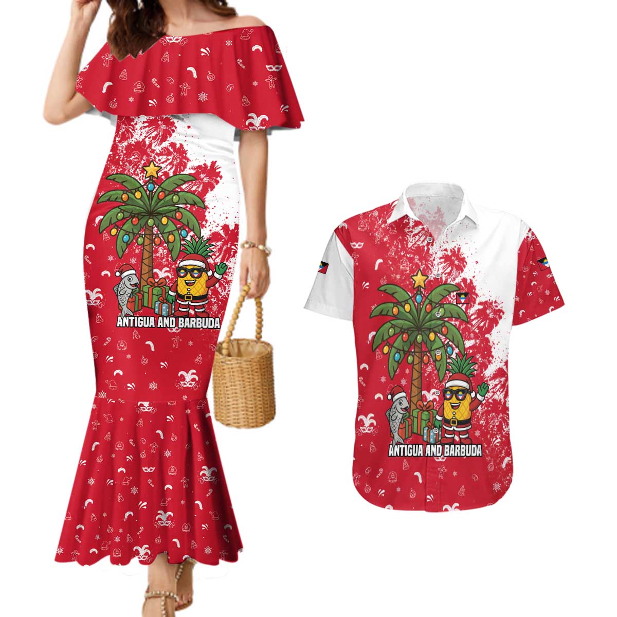Antigua and Barbuda Christmas Couples Matching Mermaid Dress and Hawaiian Shirt with Santa Pineapple Palm Tree Parrot and Gift Design - Wonder Print Shop