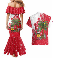 Antigua and Barbuda Christmas Couples Matching Mermaid Dress and Hawaiian Shirt with Santa Pineapple Palm Tree Parrot and Gift Design - Wonder Print Shop