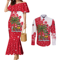 Antigua and Barbuda Christmas Couples Matching Mermaid Dress and Long Sleeve Button Shirt with Santa Pineapple Palm Tree Parrot and Gift Design - Wonder Print Shop