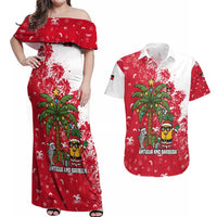 Antigua and Barbuda Christmas Couples Matching Off Shoulder Maxi Dress and Hawaiian Shirt with Santa Pineapple Palm Tree Parrot and Gift Design - Wonder Print Shop
