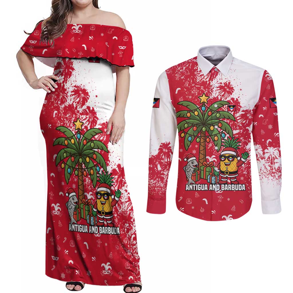 Antigua and Barbuda Christmas Couples Matching Off Shoulder Maxi Dress and Long Sleeve Button Shirt with Santa Pineapple Palm Tree Parrot and Gift Design - Wonder Print Shop
