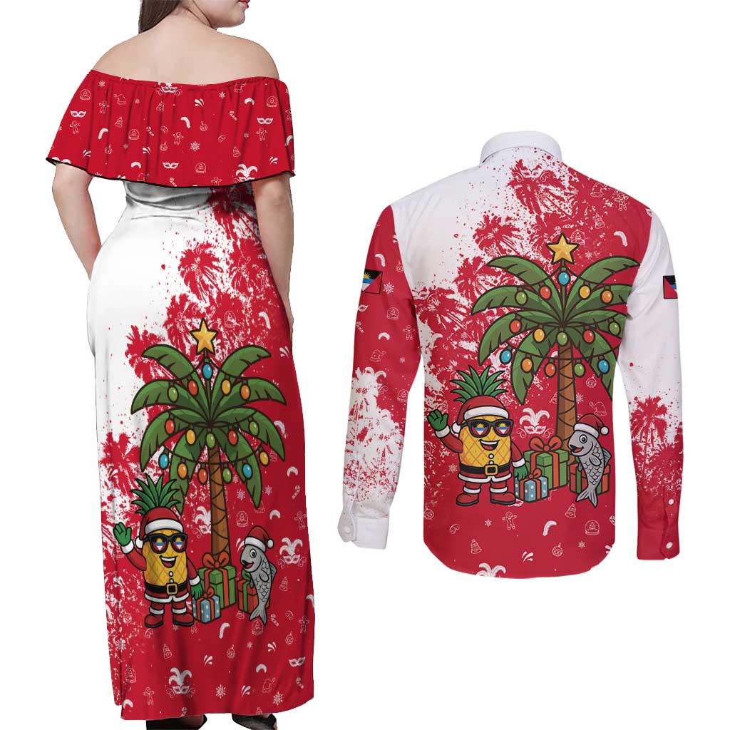 Antigua and Barbuda Christmas Couples Matching Off Shoulder Maxi Dress and Long Sleeve Button Shirt with Santa Pineapple Palm Tree Parrot and Gift Design - Wonder Print Shop