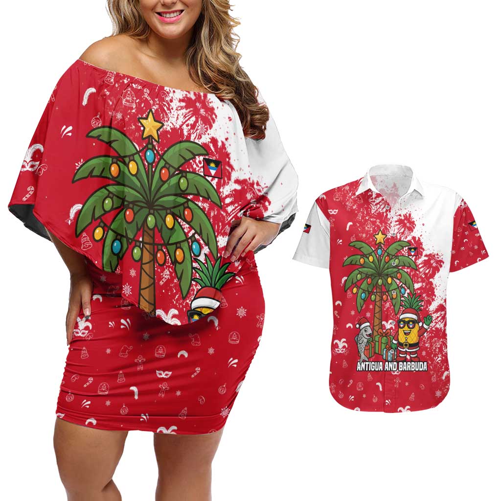 Antigua and Barbuda Christmas Couples Matching Off Shoulder Short Dress and Hawaiian Shirt with Santa Pineapple Palm Tree Parrot and Gift Design - Wonder Print Shop