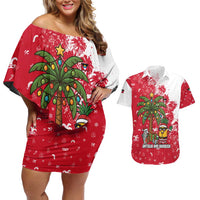 Antigua and Barbuda Christmas Couples Matching Off Shoulder Short Dress and Hawaiian Shirt with Santa Pineapple Palm Tree Parrot and Gift Design - Wonder Print Shop
