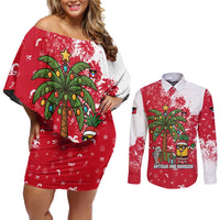Antigua and Barbuda Christmas Couples Matching Off Shoulder Short Dress and Long Sleeve Button Shirt with Santa Pineapple Palm Tree Parrot and Gift Design - Wonder Print Shop