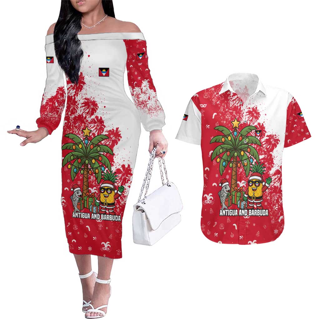 Antigua and Barbuda Christmas Couples Matching Off The Shoulder Long Sleeve Dress and Hawaiian Shirt with Santa Pineapple Palm Tree Parrot and Gift Design - Wonder Print Shop