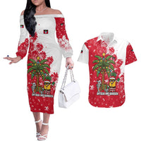 Antigua and Barbuda Christmas Couples Matching Off The Shoulder Long Sleeve Dress and Hawaiian Shirt with Santa Pineapple Palm Tree Parrot and Gift Design - Wonder Print Shop