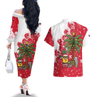 Antigua and Barbuda Christmas Couples Matching Off The Shoulder Long Sleeve Dress and Hawaiian Shirt with Santa Pineapple Palm Tree Parrot and Gift Design - Wonder Print Shop