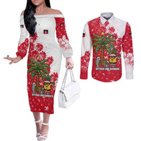 Antigua and Barbuda Christmas Couples Matching Off The Shoulder Long Sleeve Dress and Long Sleeve Button Shirt with Santa Pineapple Palm Tree Parrot and Gift Design - Wonder Print Shop