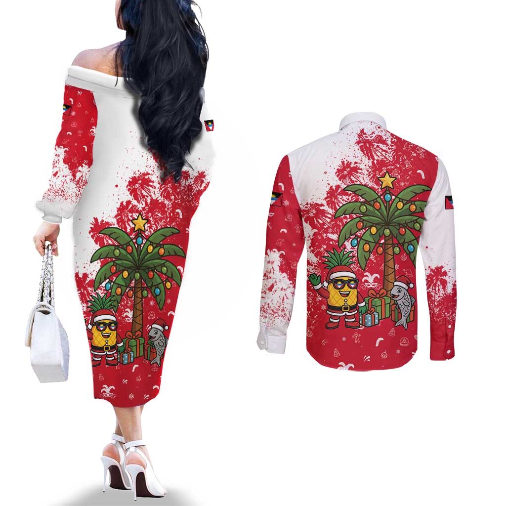 Antigua and Barbuda Christmas Couples Matching Off The Shoulder Long Sleeve Dress and Long Sleeve Button Shirt with Santa Pineapple Palm Tree Parrot and Gift Design - Wonder Print Shop