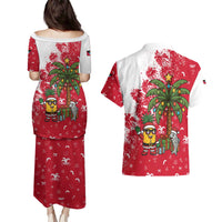 Antigua and Barbuda Christmas Couples Matching Puletasi and Hawaiian Shirt with Santa Pineapple Palm Tree Parrot and Gift Design - Wonder Print Shop