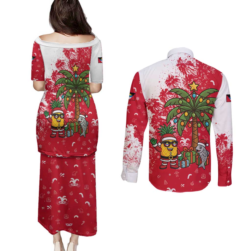 Antigua and Barbuda Christmas Couples Matching Puletasi and Long Sleeve Button Shirt with Santa Pineapple Palm Tree Parrot and Gift Design - Wonder Print Shop