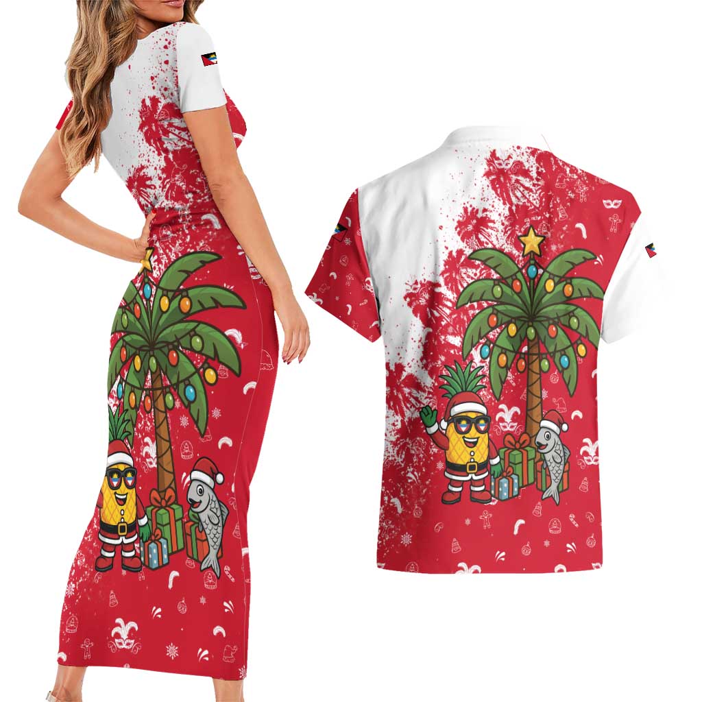 Antigua and Barbuda Christmas Couples Matching Short Sleeve Bodycon Dress and Hawaiian Shirt with Santa Pineapple Palm Tree Parrot and Gift Design - Wonder Print Shop