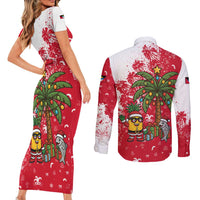 Antigua and Barbuda Christmas Couples Matching Short Sleeve Bodycon Dress and Long Sleeve Button Shirt with Santa Pineapple Palm Tree Parrot and Gift Design - Wonder Print Shop