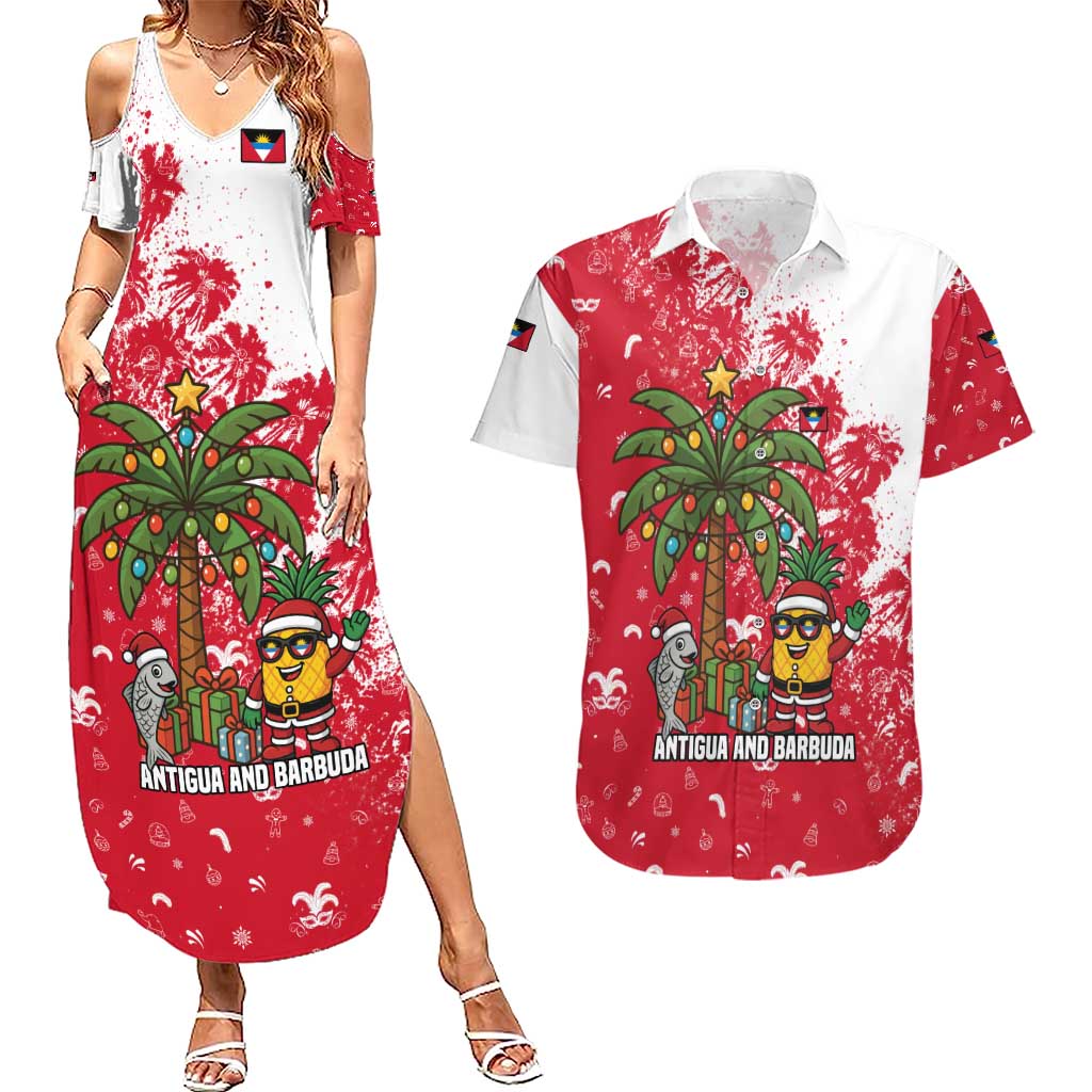 Antigua and Barbuda Christmas Couples Matching Summer Maxi Dress and Hawaiian Shirt with Santa Pineapple Palm Tree Parrot and Gift Design - Wonder Print Shop