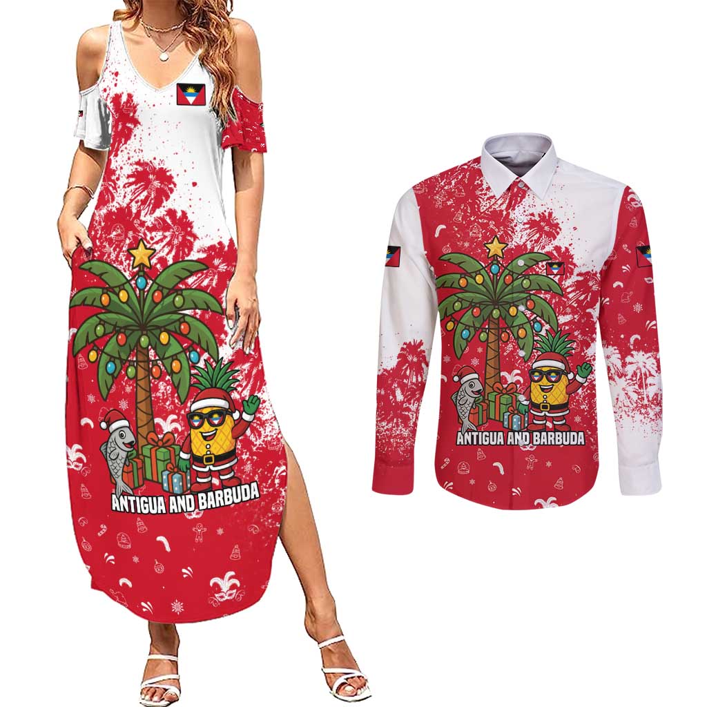 Antigua and Barbuda Christmas Couples Matching Summer Maxi Dress and Long Sleeve Button Shirt with Santa Pineapple Palm Tree Parrot and Gift Design - Wonder Print Shop