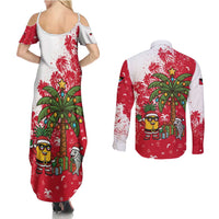 Antigua and Barbuda Christmas Couples Matching Summer Maxi Dress and Long Sleeve Button Shirt with Santa Pineapple Palm Tree Parrot and Gift Design - Wonder Print Shop