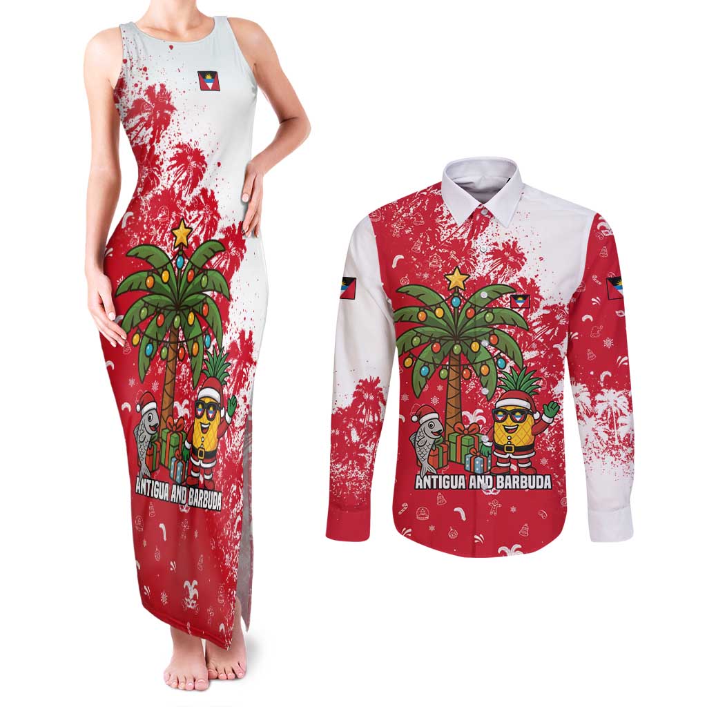 Antigua and Barbuda Christmas Couples Matching Tank Maxi Dress and Long Sleeve Button Shirt with Santa Pineapple Palm Tree Parrot and Gift Design - Wonder Print Shop
