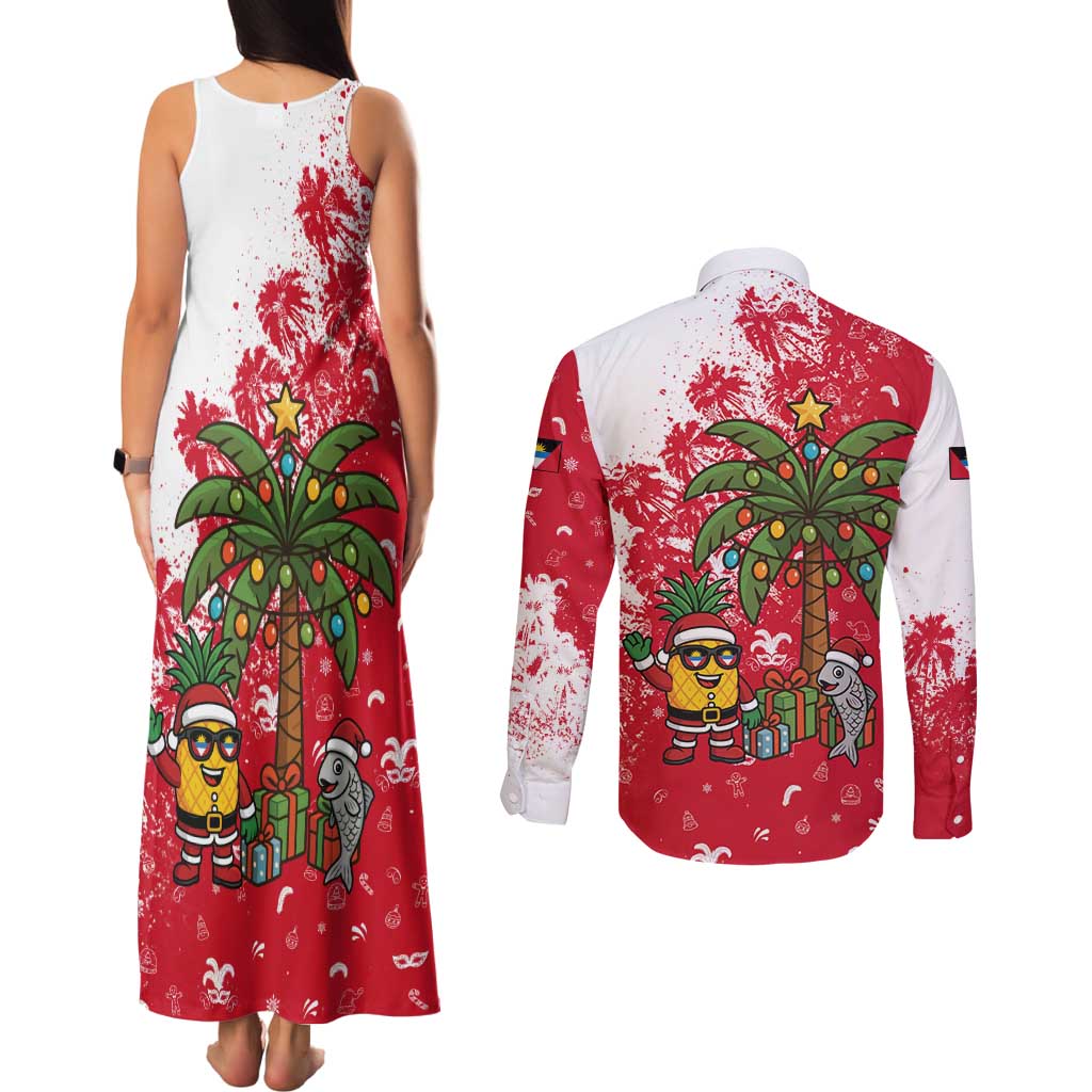 Antigua and Barbuda Christmas Couples Matching Tank Maxi Dress and Long Sleeve Button Shirt with Santa Pineapple Palm Tree Parrot and Gift Design - Wonder Print Shop