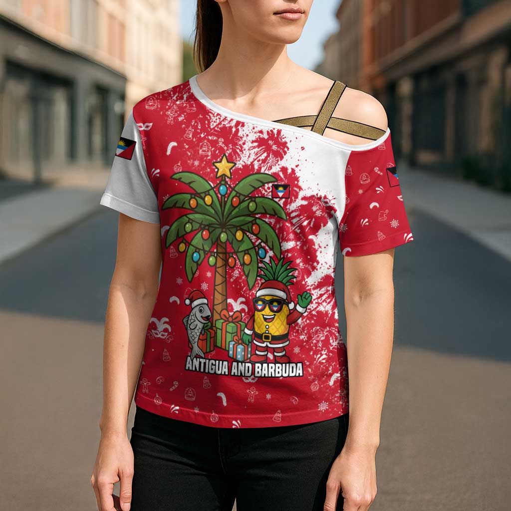 Antigua and Barbuda Christmas Cross Shoulder Shirt with Santa Pineapple Palm Tree Parrot and Gift Design - Wonder Print Shop