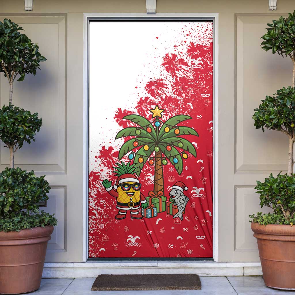 Antigua and Barbuda Christmas Door Cover with Santa Pineapple Palm Tree Parrot and Gift Design - Wonder Print Shop