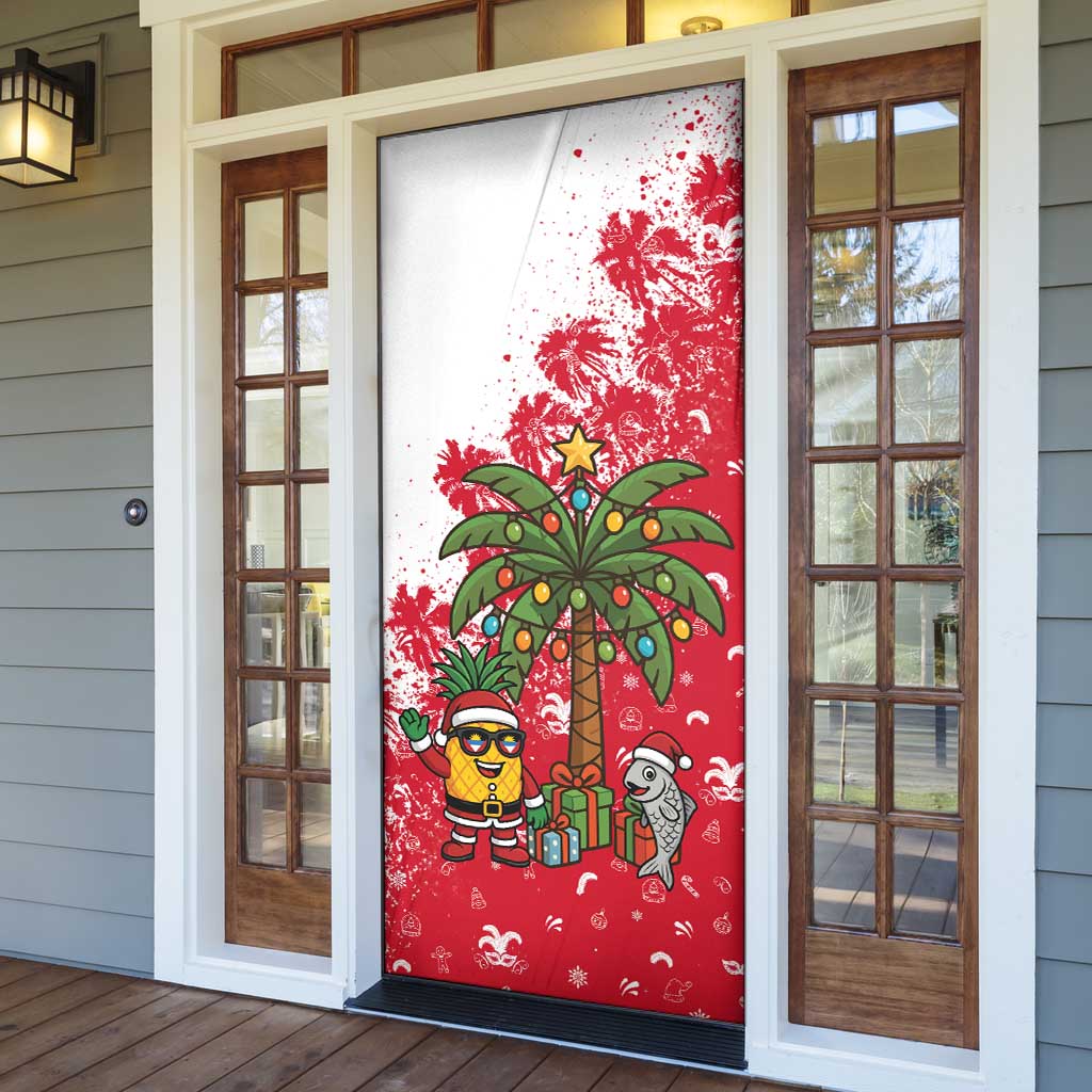 Antigua and Barbuda Christmas Door Cover with Santa Pineapple Palm Tree Parrot and Gift Design - Wonder Print Shop