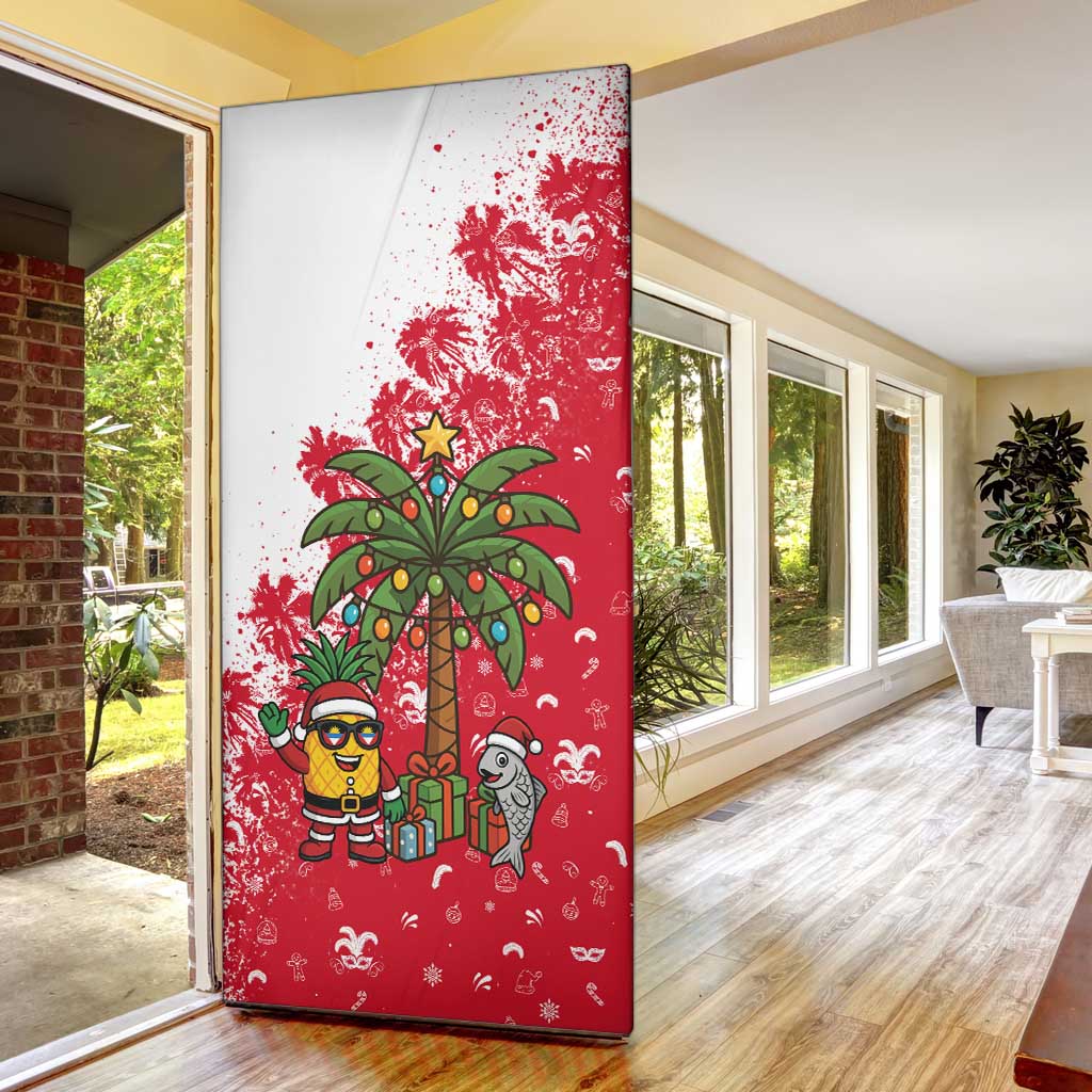 Antigua and Barbuda Christmas Door Cover with Santa Pineapple Palm Tree Parrot and Gift Design - Wonder Print Shop