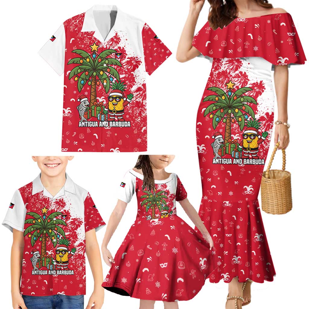 Antigua and Barbuda Christmas Family Matching Mermaid Dress and Hawaiian Shirt with Santa Pineapple Palm Tree Parrot and Gift Design - Wonder Print Shop