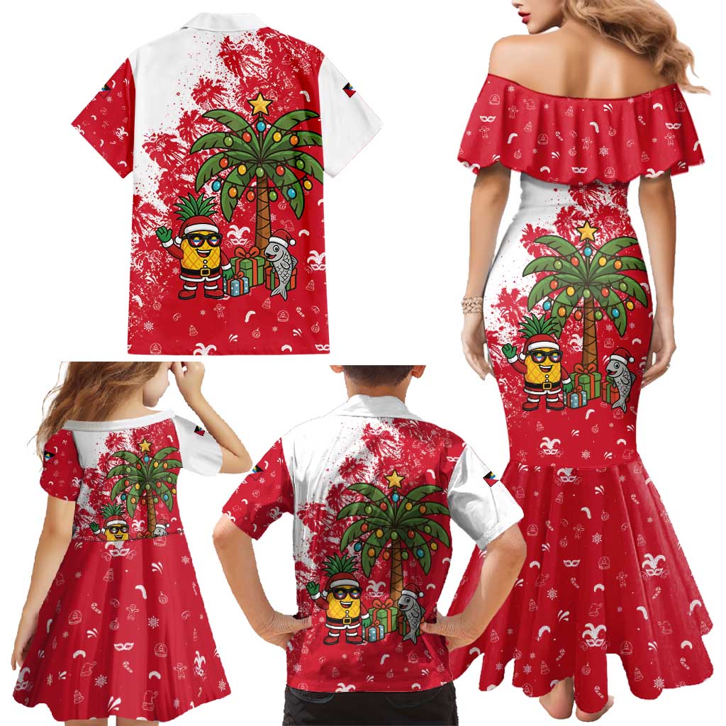 Antigua and Barbuda Christmas Family Matching Mermaid Dress and Hawaiian Shirt with Santa Pineapple Palm Tree Parrot and Gift Design - Wonder Print Shop