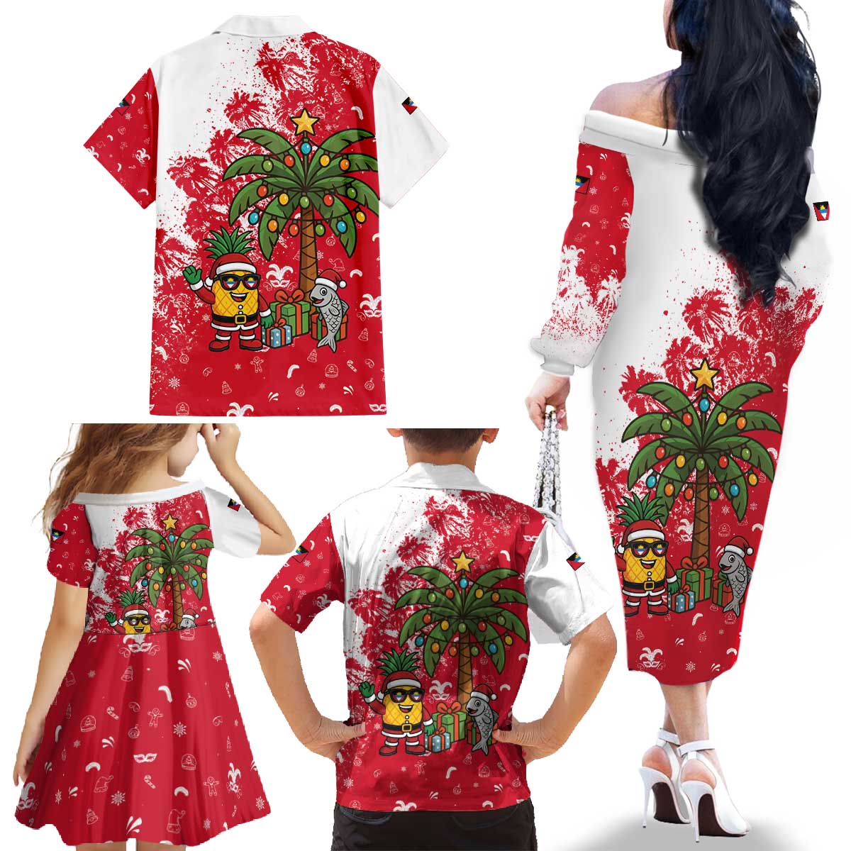 Antigua and Barbuda Christmas Family Matching Off The Shoulder Long Sleeve Dress and Hawaiian Shirt with Santa Pineapple Palm Tree Parrot and Gift Design - Wonder Print Shop