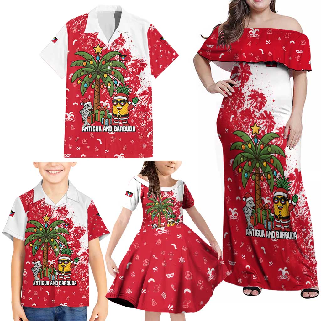 Antigua and Barbuda Christmas Family Matching Off Shoulder Maxi Dress and Hawaiian Shirt with Santa Pineapple Palm Tree Parrot and Gift Design - Wonder Print Shop