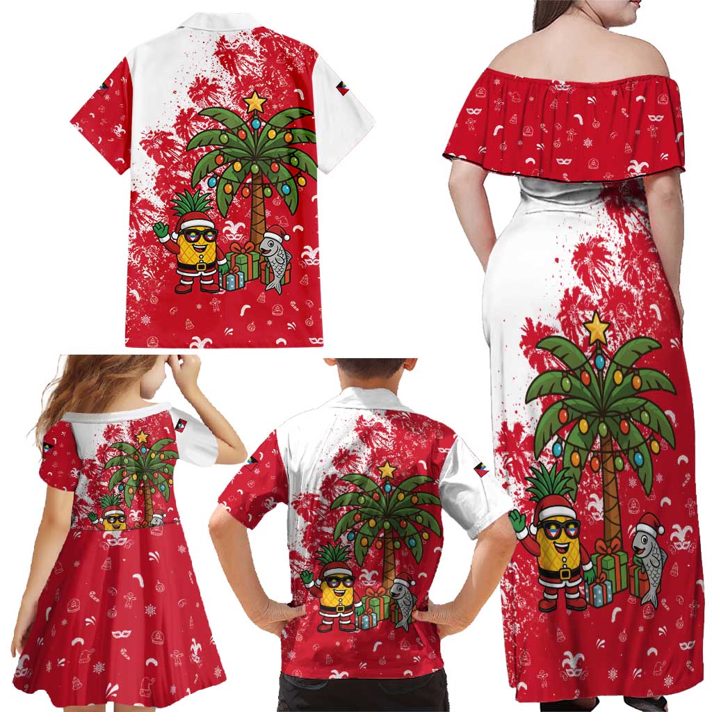 Antigua and Barbuda Christmas Family Matching Off Shoulder Maxi Dress and Hawaiian Shirt with Santa Pineapple Palm Tree Parrot and Gift Design - Wonder Print Shop