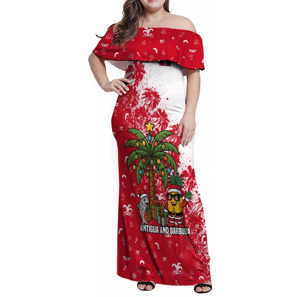 Antigua and Barbuda Christmas Family Matching Off Shoulder Maxi Dress and Hawaiian Shirt with Santa Pineapple Palm Tree Parrot and Gift Design - Wonder Print Shop