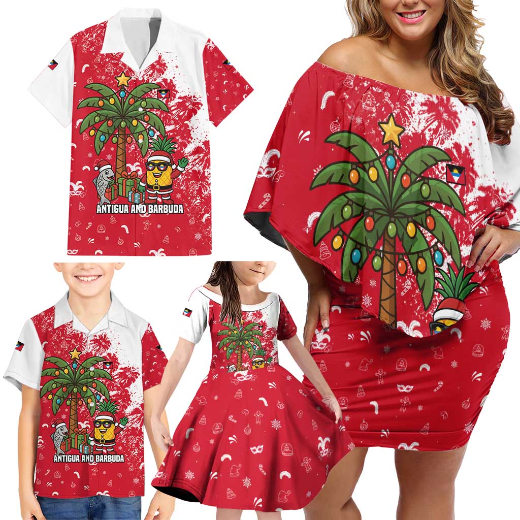 Antigua and Barbuda Christmas Family Matching Off Shoulder Short Dress and Hawaiian Shirt with Santa Pineapple Palm Tree Parrot and Gift Design - Wonder Print Shop