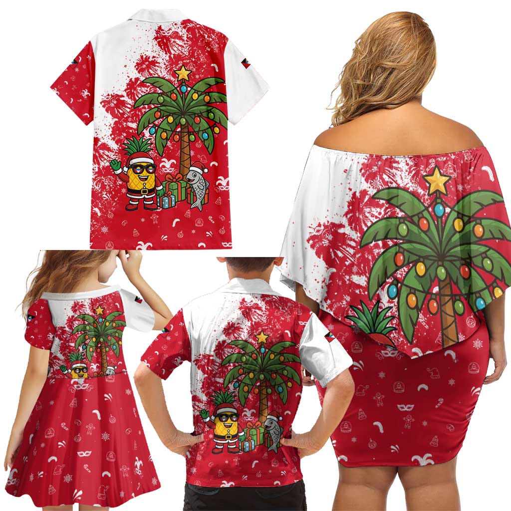 Antigua and Barbuda Christmas Family Matching Off Shoulder Short Dress and Hawaiian Shirt with Santa Pineapple Palm Tree Parrot and Gift Design - Wonder Print Shop