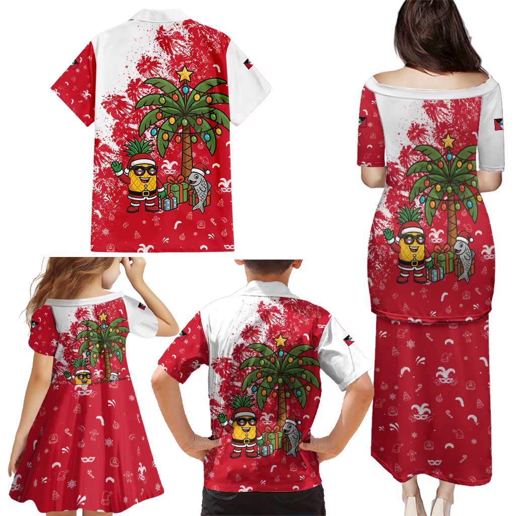 Antigua and Barbuda Christmas Family Matching Puletasi and Hawaiian Shirt with Santa Pineapple Palm Tree Parrot and Gift Design - Wonder Print Shop