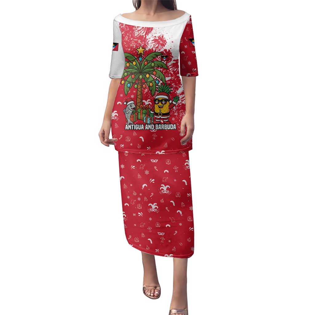 Antigua and Barbuda Christmas Family Matching Puletasi and Hawaiian Shirt with Santa Pineapple Palm Tree Parrot and Gift Design - Wonder Print Shop