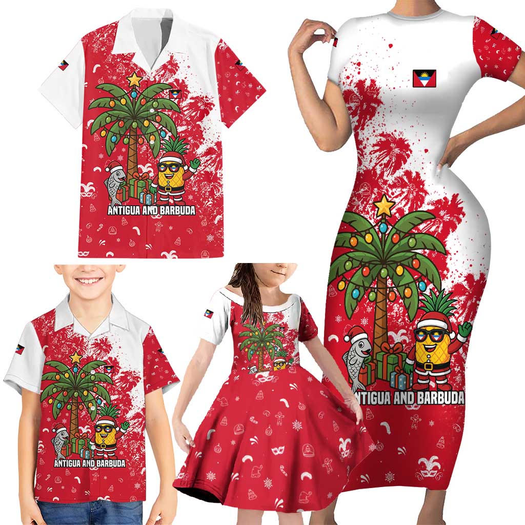 Antigua and Barbuda Christmas Family Matching Short Sleeve Bodycon Dress and Hawaiian Shirt with Santa Pineapple Palm Tree Parrot and Gift Design - Wonder Print Shop