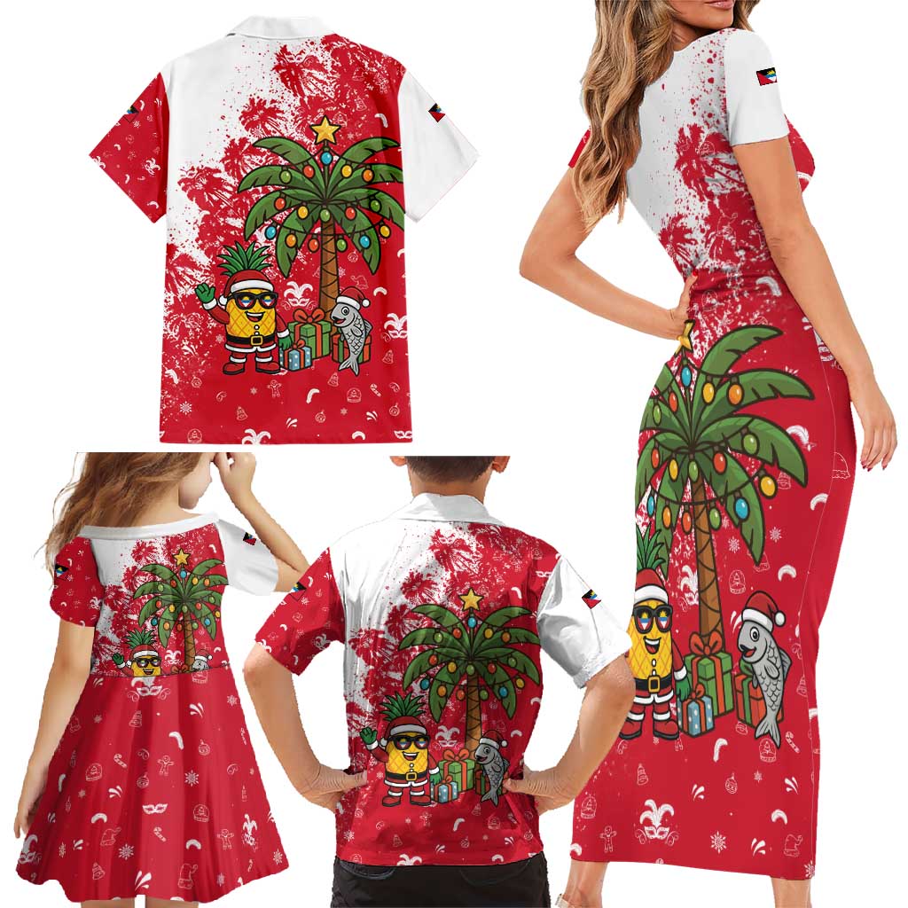 Antigua and Barbuda Christmas Family Matching Short Sleeve Bodycon Dress and Hawaiian Shirt with Santa Pineapple Palm Tree Parrot and Gift Design - Wonder Print Shop