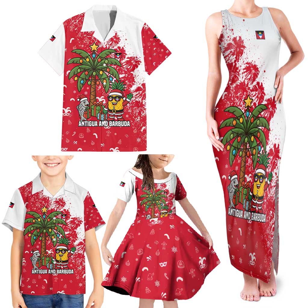 Antigua and Barbuda Christmas Family Matching Tank Maxi Dress and Hawaiian Shirt with Santa Pineapple Palm Tree Parrot and Gift Design - Wonder Print Shop