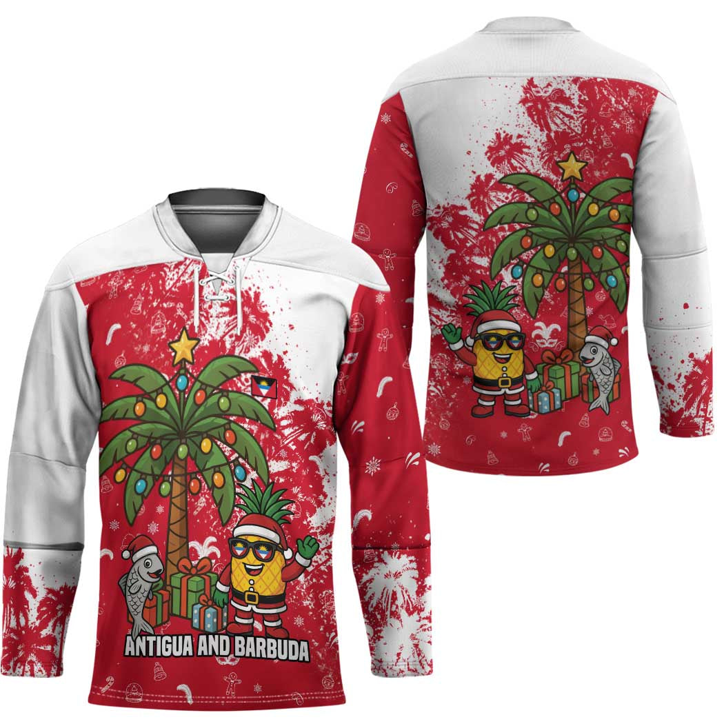 Antigua and Barbuda Christmas Hockey Jersey with Santa Pineapple Palm Tree Parrot and Gift Design - Wonder Print Shop