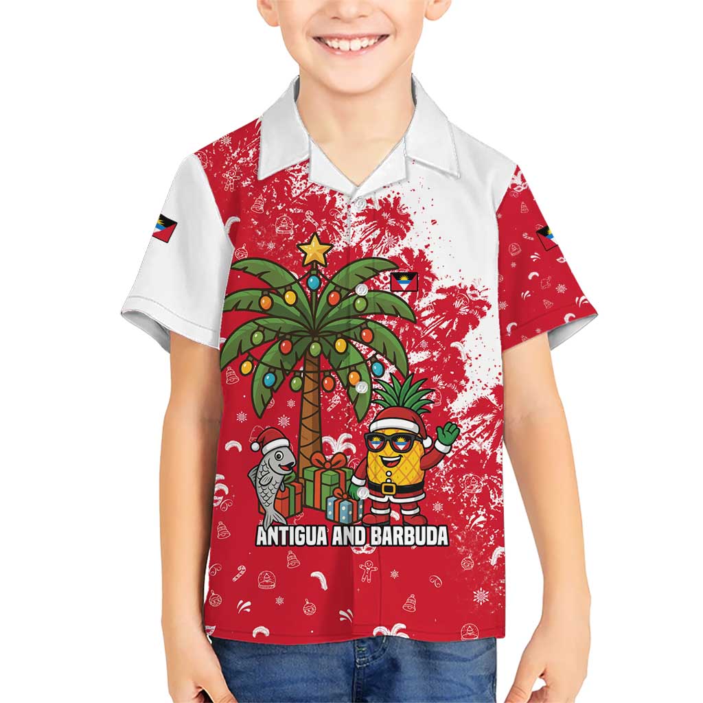 Antigua and Barbuda Christmas Kid Hawaiian Shirt with Santa Pineapple Palm Tree Parrot and Gift Design - Wonder Print Shop