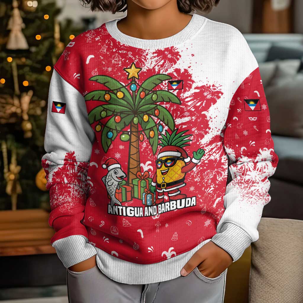 Antigua and Barbuda Christmas Kid Ugly Christmas Sweater with Santa Pineapple Palm Tree Parrot and Gift Design - Wonder Print Shop