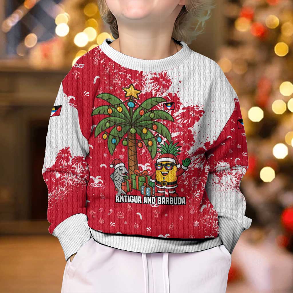 Antigua and Barbuda Christmas Kid Ugly Christmas Sweater with Santa Pineapple Palm Tree Parrot and Gift Design - Wonder Print Shop